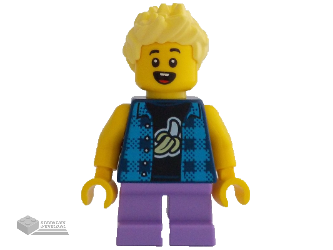 cty1615 – Child – Boy, Flannel Vest over Shirt with Banana, Medium Lavender Short Legs, Bright Light Yellow Spiked Hair