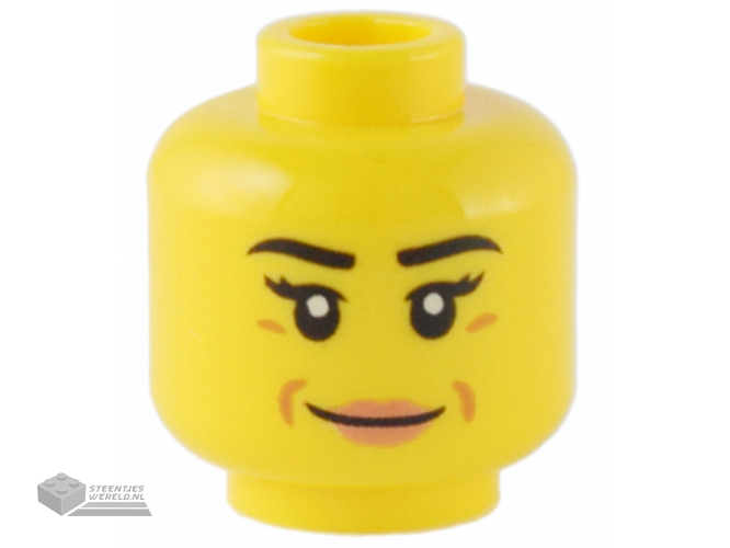 3626cpb3202 – Minifigure, Head Female Black Eyebrows, Eyelashes, Medium Nougat Dimples, Nougat Lips, Grin Pattern – Hollow Stud