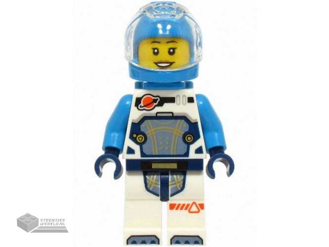 cty1707 – Astronaut – Female, White Spacesuit with Dark Azure Arms, Dark Azure Helmet, Trans-Clear Visor, Dark Azure Jet Pack, Hearing Aid