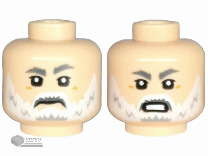 28621pb0155 – Minifigure, Head Dual Sided Dark Bluish Gray Eyebrows, Upper Eyelids, White Beard and Moustache, Frown / Angry with Bared Teeth Pattern – Vented Stud