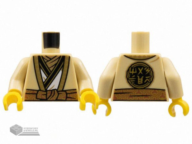 973pb4799c01 – Torso Robe with Gold Hems, White Tunic, Dark Tan Scarf, Copper Sash, Ninjago Logogram 'MASTER' on Back Pattern / Tan Arms / Yellow Hands