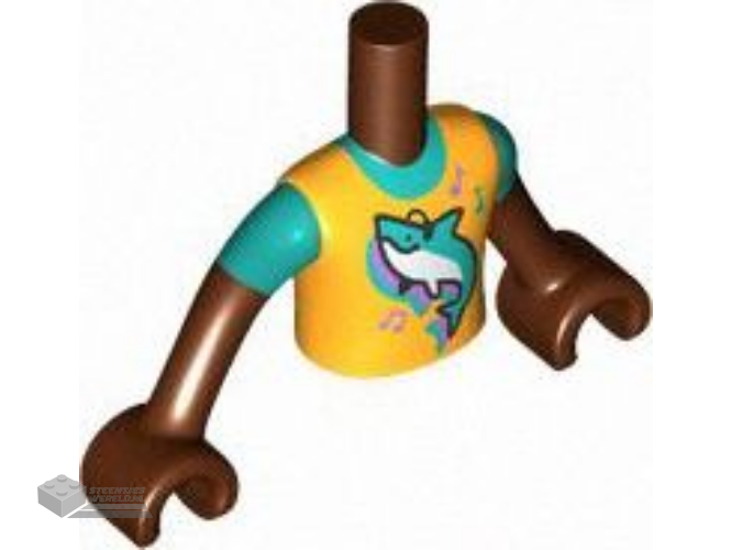 FTBpb094c01 – Torso Mini Doll Boy Bright Light Orange Shirt with Shark and Music Notes Pattern, Reddish Brown Arms with Hands with Dark Turquoise Short Sleeves