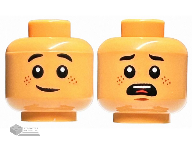 3626cpb2998 – Minifigure, Head Dual Sided Child, Reddish Brown Freckles, Grin / Scared Open Mouth, Black Eyebrows Pointed Ends Pattern – Hollow Stud