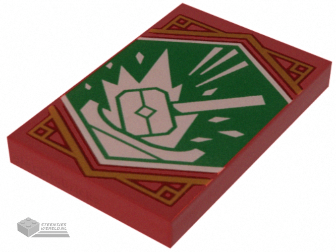 26603pb302 – Tile 2 x 3 with White Hammer with Energy Bursts on Green Background with Gold Trim Pattern (Ninjago Banner)