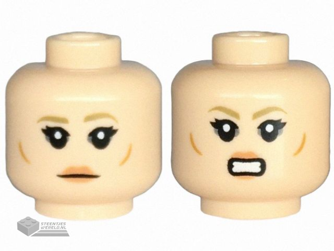 28621pb0153 – Minifigure, Head Dual Sided Female Dark Tan Eyebrows, Black Eyelashes, Nougat Lips, Small Medium Nougat Cheek Lines, Neutral / Bared Teeth Pattern – Vented Stud