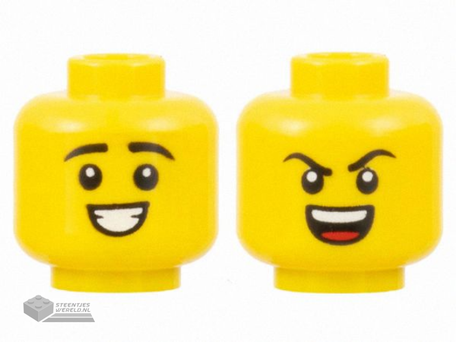 3626cpb3176 – Minifigure, Head Dual Sided Black Eyebrows, Smile with Teeth / Angry with Teeth and Tongue Pattern – Hollow Stud