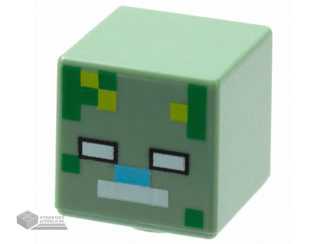 19729pb046 – Minifigure, Head, Modified Cube with Pixelated White Eyes and Mouth, Medium Azure Nose, and Green and Lime Spots Pattern (Minecraft Drowned Zombie)