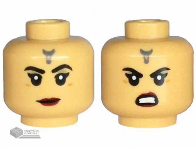 28621pb0154 – Minifigure, Head Dual Sided Female Black Eyebrows, Single Eyelashes, Dark Bluish Gray Forehead Tattoo, Dark Red Lips, Neutral / Open Mouth Scowl with Teeth Pattern – Vented Stud