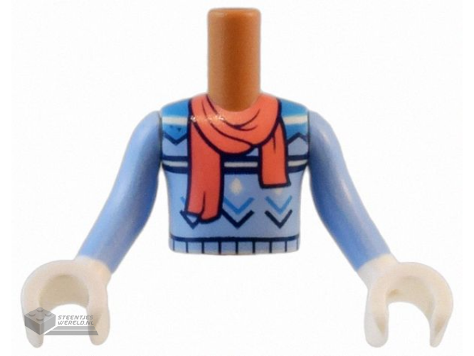 FTBpb104c01 – Torso Mini Doll Boy Bright Light Blue Sweater with White, Dark Azure and Dark Blue Stripes, Zigzag Lines and Diamonds with Coral Scarf Pattern, Bright Light Blue Arms / Sleeves with White Hands / Gloves