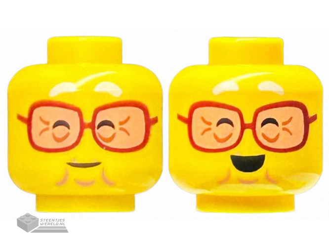 28621pb0111 – Minifigure, Head Dual Sided White Eyebrows, Reddish Brown Glasses with Nougat Lenses, Closed Eyes, Chin Dimple, Wrinkles, Grin / Open Mouth Smile Pattern – Vented Stud