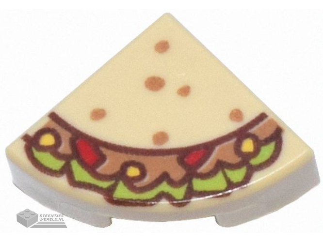 25269pb033 – Tile, Round 1 x 1 Quarter with Medium Nougat, Lime, Red and Yellow Taco Pattern