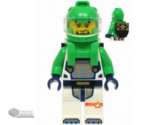 cty1706 – Astronaut – Male, White Spacesuit with Bright Green Arms, Bright Green Helmet, Trans-Clear Visor, Bright Green Harness with Solar Panel, Goatee