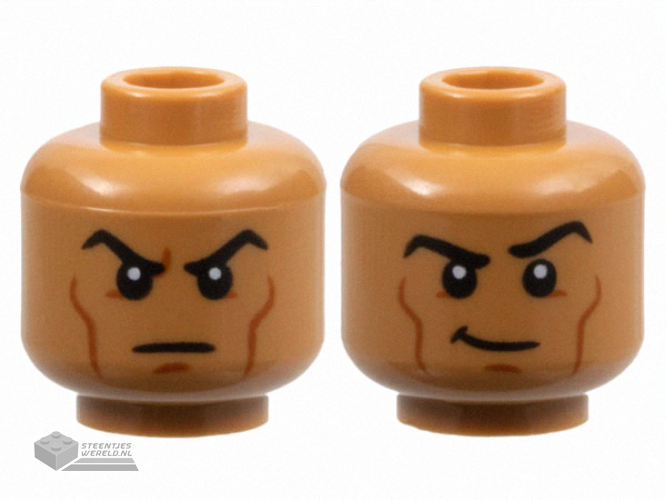 3626cpb3195 – Minifigure, Head Dual Sided Black Eyebrows, Dark Orange Cheek Lines and Chin Dimple, Scowl / Smirk with Raised Eyebrow Left Pattern – Hollow Stud