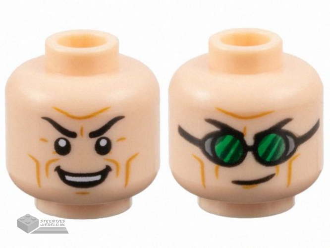 28621pb0126 – Minifigure, Head Dual Sided Black Eyebrows, Medium Nougat Cheek Lines and Wrinkles, Furrowed Brow, Open Mouth Smile with Top Teeth / Lopsided Grin, Goggles with Green Lenses Pattern – Vented Stud