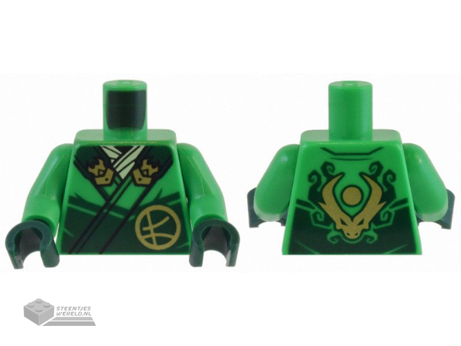 973pb5228c01 – Torso Robe Dark Green Straps, Gold Buckles, Ninjago Logogram Letter L and Dragon Head and Orb on Back Pattern / Bright Green Arms / Dark Green Hands