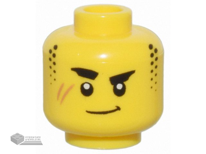 28621pb0052 – Minifigure, Head Thick Black Eyebrows, Stubble Sideburns, Medium Nougat Scar, and Closed Mouth Lopsided Grin Pattern – Vented Stud