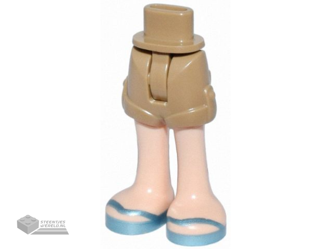 1826cc00pb008 – Mini Doll Hips and Shorts with Molded Light Nougat Legs and Printed Metallic Light Blue Sandals with V-Shaped Straps Pattern – Thin Hinge