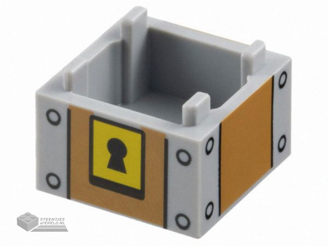 2821pb03 – Container, Box 2 x 2 x 1 – Top Opening with Raised Inner Bottom with Medium Nougat Panels, Black Keyhole on Yellow Background, and Rivets Pattern (Super Mario Treasure Chest Block)