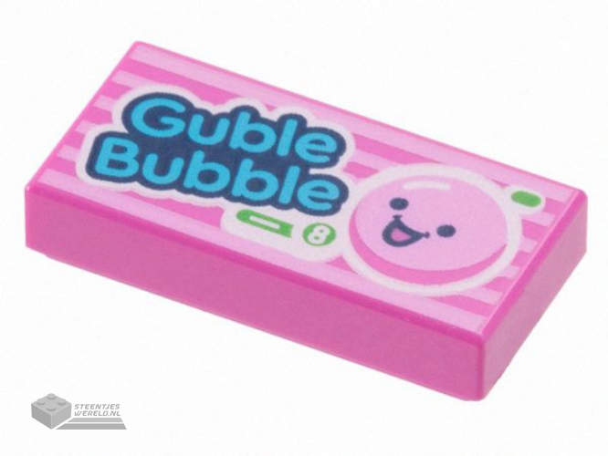 3069pb1063 – Tile 1 x 2 with Medium Azure 'Guble Bubble', White Number 8 in Green Circle, and Bright Pink Bubble with Face Pattern