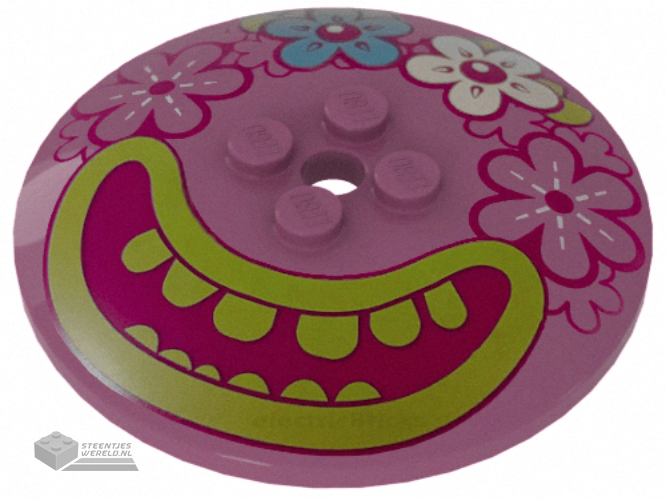 44375bpb13 – Dish 6 x 6 Inverted (Radar) – Solid Studs with 4 Flowers and Large Magenta Mouth, Lime Lips and Teeth Pattern