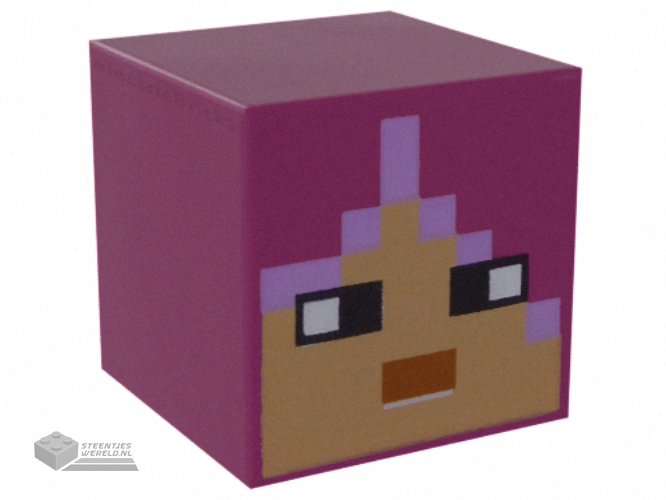 19729pb037 – Minifigure, Head, Modified Cube with Pixelated Nougat Face, Black Eyes, Medium Nougat Mouth, and Lavender Hair Pattern (Minecraft Huntress)