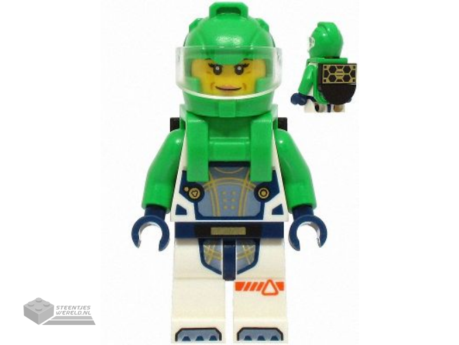 cty1753 – Astronaut – Female, White Spacesuit with Bright Green Arms, Bright Green Helmet, Trans-Clear Visor, Bright Green Harness with Solar Panel, Closed Mouth