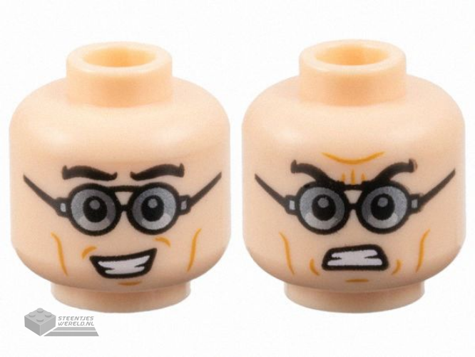 28621pb0125 – Minifigure, Head Dual Sided Black Thick Eyebrows, Glasses with Dark Silver Lenses, Medium Nougat Cheek Lines, Open Mouth Smile / Bared Teeth with Furrowed Brow Pattern – Vented Stud