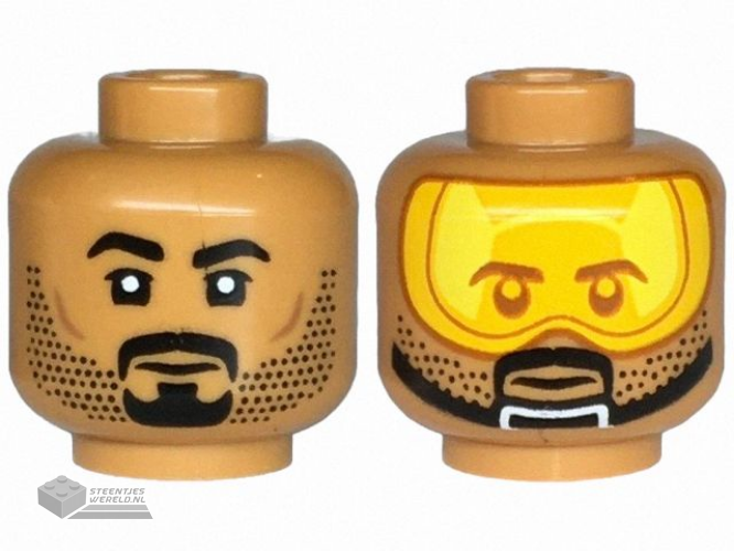 28621pb0152 – Minifigure, Head Dual Sided Black Eyebrows, Goatee, and Stubble, Neutral / Bright Light Orange Visor, Chin Strap Pattern – Vented Stud