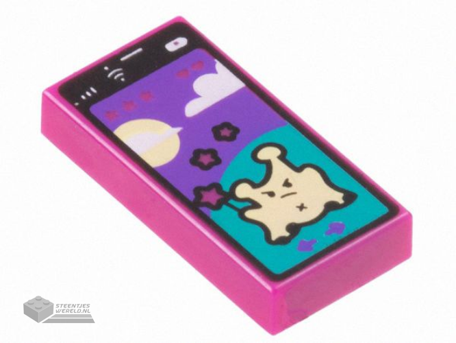 3069pb1067 – Tile 1 x 2 with Cell Phone / Smartphone with Game with Bright Light Yellow Alien on Dark Turquoise Hill, Sun, Clouds, and Dark Purple Sky Pattern