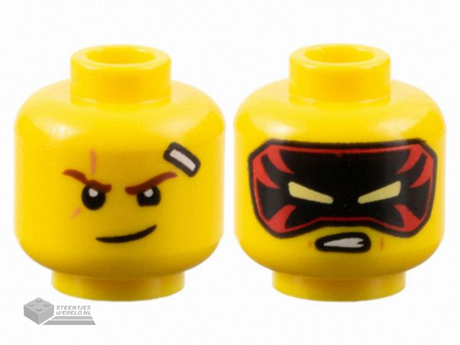 28621pb0046 – Minifigure, Head Dual Sided Reddish Brown Eyebrows, Scar, Bandage, Lopsided Grin / Black and Red Mask with Bright Light Yellow Eyes, Scowl Pattern – Vented Stud