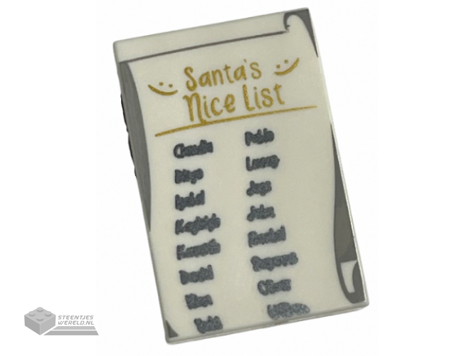 26603pb183 – Tile 2 x 3 with Gold ‘Santa’s Nice List’ and Black Names Pattern