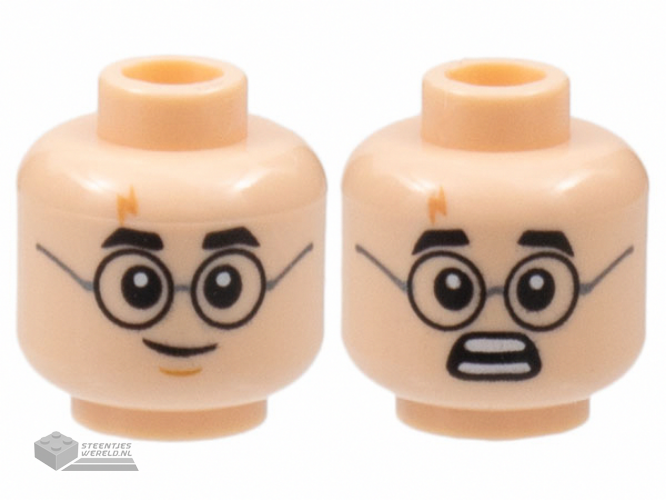 3626cpb2168 – Minifigure, Head Dual Sided Black Thick Eyebrows and Round Glasses, Lightning Scar, Grin with Medium Nougat Chin Dimple / Scared Open Mouth with Teeth Parted Pattern – Hollow Stud