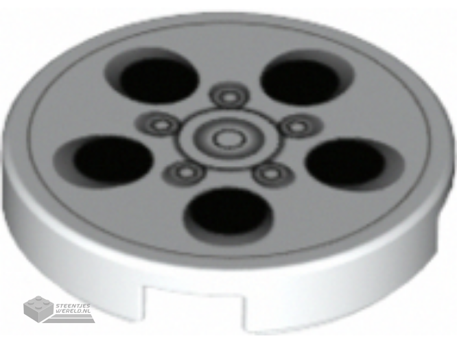 14769pb512 – Tile, Round 2 x 2 with Bottom Stud Holder with Alloy Wheel with Black and Silver Circles Pattern