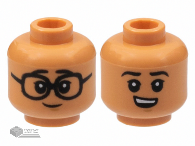 3626cpb2999 – Minifigure, Head Dual Sided, Black Eyebrows and Eyes with White Pupils, Glasses / Smirk with Teeth Pattern – Hollow Stud