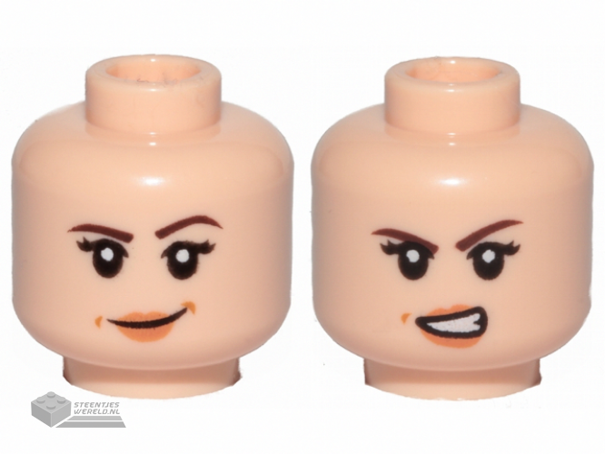 3626cpb2293 – Minifigure, Head Dual Sided Female Dark Brown Eyebrows, Black Eyelashes, Nougat Lips, Medium Nougat Dimples, Lopsided Grin / Angry Open Mouth Scowl with Teeth Pattern – Hollow Stud