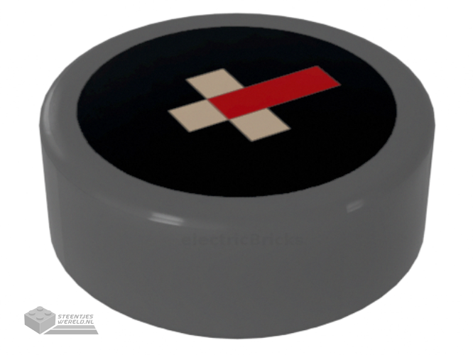 98138pb073 – Tile, Round 1 x 1 with Red Rectangle and White Squares on Black Background Pattern (Minecraft Compass)