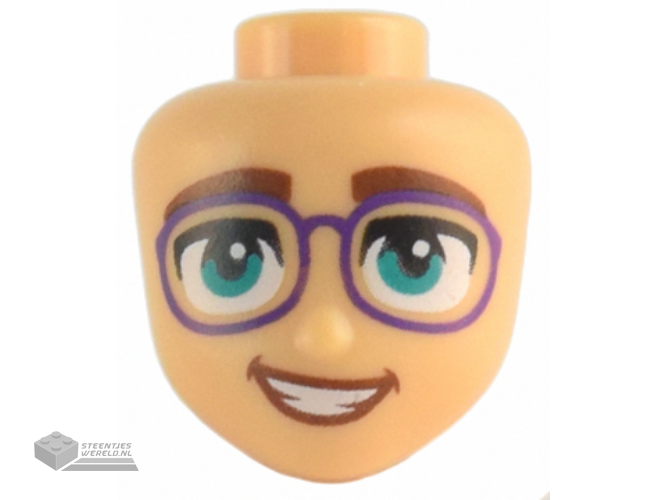 101245 – Mini Doll, Head Friends with Thick Reddish Brown Eyebrows, Dark Turquoise Eyes, Dark Purple Glasses, and Open Mouth Smile with Teeth Pattern