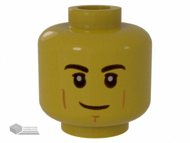 3626cpb2385 – Minifigure, Head Black Eyebrows, White Pupils, Cheek Lines, Smirk Pattern – Hollow Stud