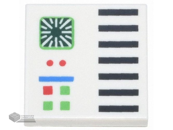 3068pb2031 – Tile 2 x 2 with Computer Panel with Dark Green Screen and Bright Green, Red, Blue and Black Lights, Buttons, and Grille Lines Pattern