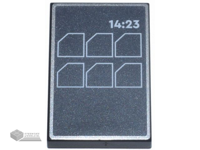 26603pb433 – Tile 2 x 3 with Console with Silver Border, White Menu Icons and ’14:23′ on Dark Silver Background Pattern