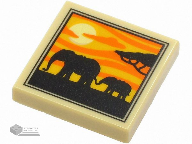 3068pb1644 – Tile 2 x 2 with 2 Elephants, Tree and Sunset Pattern