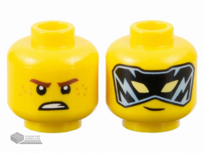 28621pb0084 – Minifigure, Head Dual Sided Reddish Brown Eyebrows, Medium Nougat Freckles, Scowl / Black and Bright Light Blue Mask with Bright Light Yellow Eyes Pattern – Vented Stud