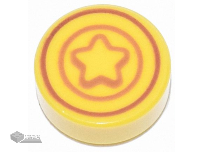 98138pb401 – Tile, Round 1 x 1 with Reddish Brown and Dark Orange Star and Concentric Circles Pattern (Animal Crossing Bell)