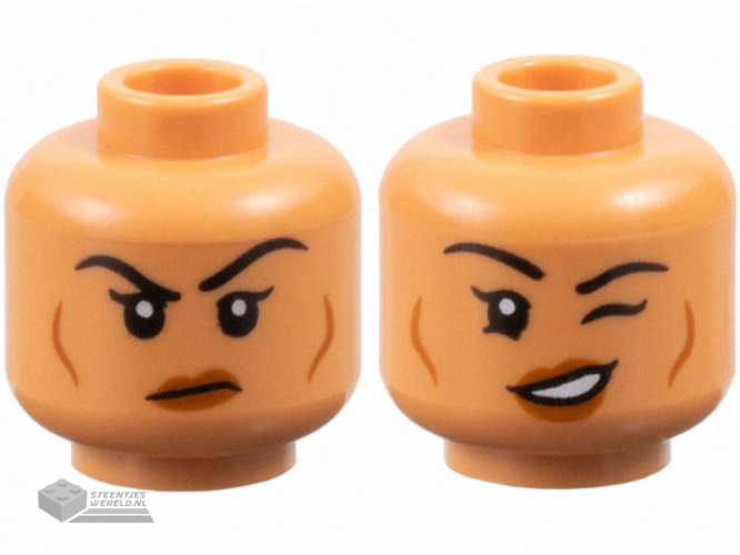 28621pb0360 – Minifigure, Head Dual Sided Female Black Eyebrows, Dark Orange Lips and Cheek Lines, Frown / Lopsided Open Mouth Smile and Wink Pattern – Vented Stud