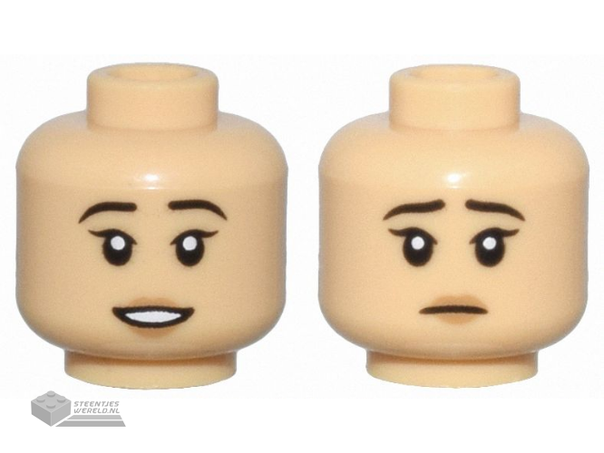 3626cpb3240 – Minifigure, Head Dual Sided Female Black Eyebrows, Medium Nougat Lips, Open Mouth Smile with Teeth / Sad Pattern – Hollow Stud