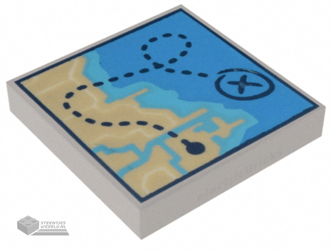 3068pb2011 – Tile 2 x 2 with Map of Coastline with Tan Land, Dark Azure and Medium Azure Water, and Dark Blue Dotted Line with 'X' Pattern