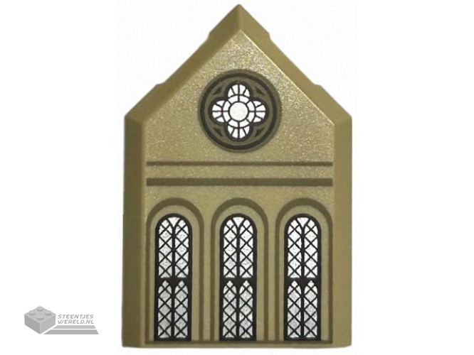 22385pb309 – Tile, Modified 2 x 3 Pentagonal with Ornate Round and 3 Arched Silver Windows with Dark Brown Lattice, Dark Tan Arches and Lines Pattern