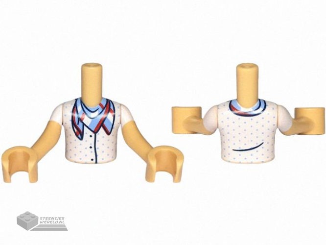 FTBpb128c01 – Torso Mini Doll Boy White Shirt with Polka Dots and Three Dark Blue Buttons, and Red, White and Bright Light Blue Bandana Pattern, Medium Tan Arms with Hands with White Short Sleeves