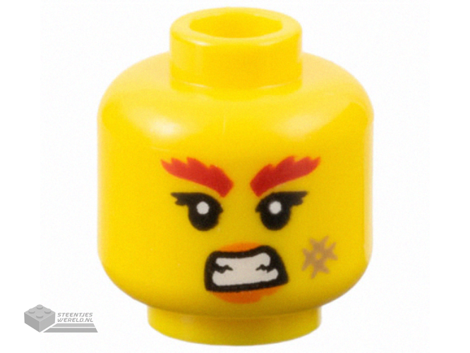 28621pb0061 – Minifigure, Head Female Red Bushy Eyebrows, Orange Lips, Dark Tan Scuff Mark, and Bared Teeth Pattern – Vented Stud