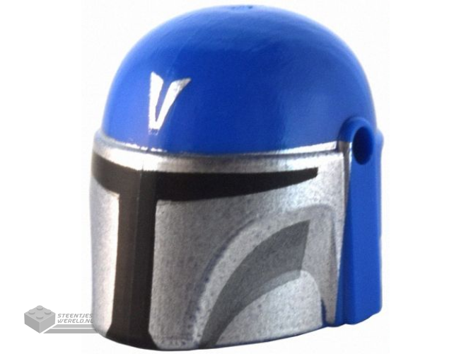 87610pb20 – Minifigure, Headgear Helmet with Holes, SW Mandalorian with Silver ‘V’ and Mask, Dark Bluish Gray Cheek Indents and Black Visor Pattern